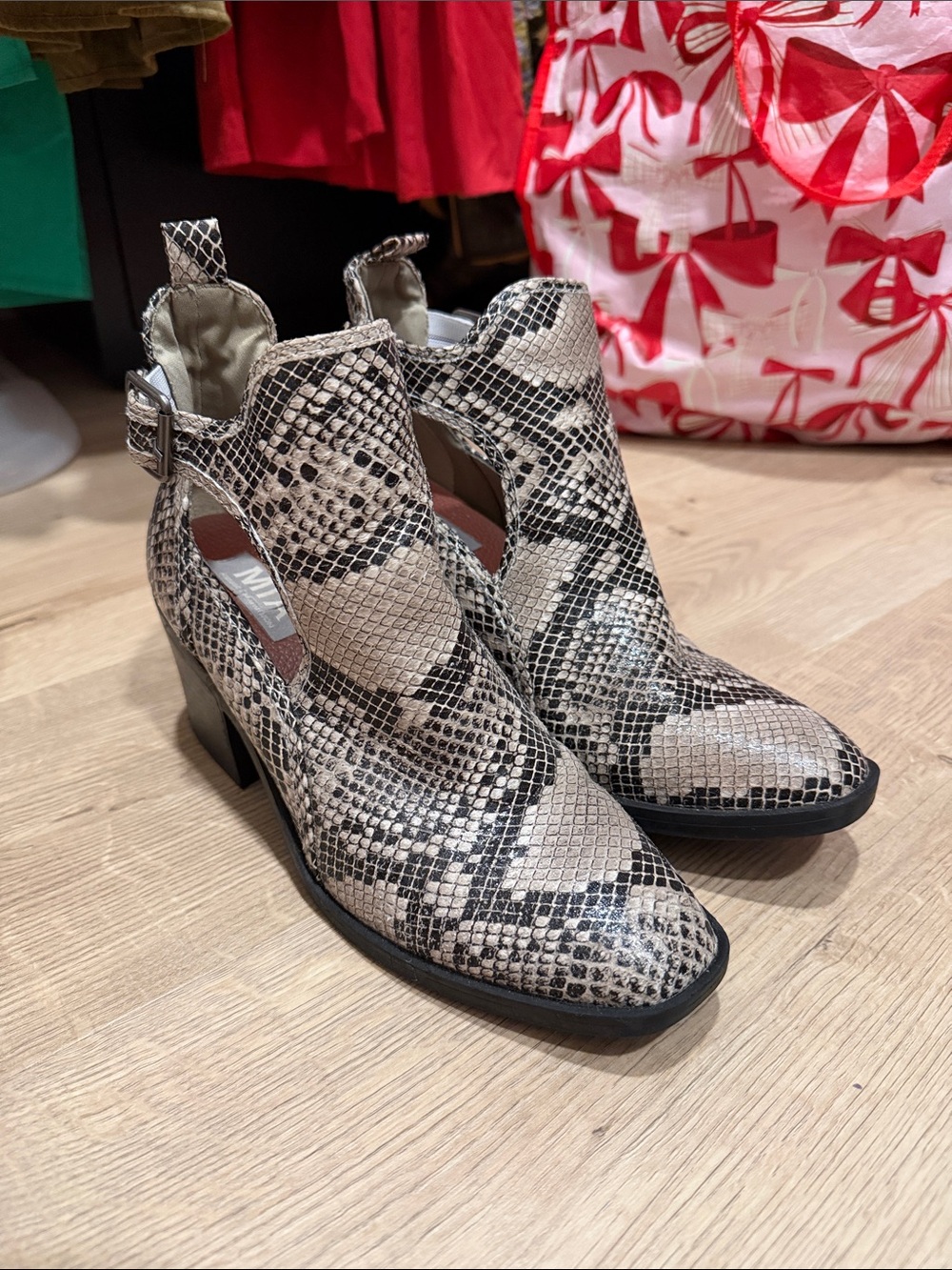 MIA Snake-Print Cutout Ankle Boots - Beige and Black